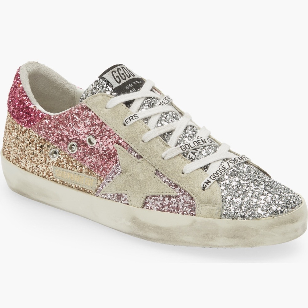 Golden Goose Super Star Pink Lavender Silver Glitter Suede Sneakers 38 Women’s 8